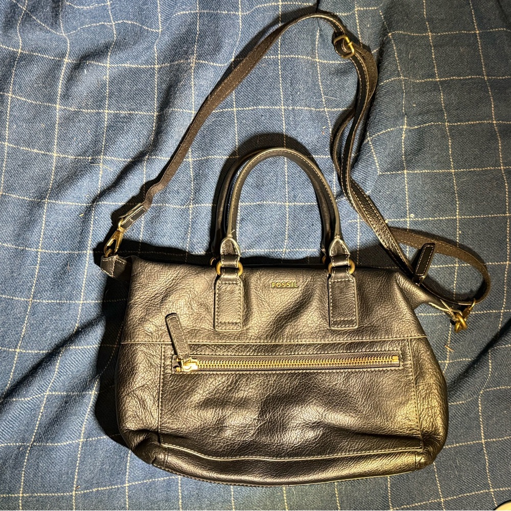 Fossil Lucy Satchel Black Leather Bag Handbag Purse Crossbody‎ Boho Monochrome